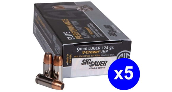 Image of SIG SAUER Elite V-Crown 9mm Luger 124 Grain Jacketed Hollow Point Brass Cased Centerfire Pistol Ammo