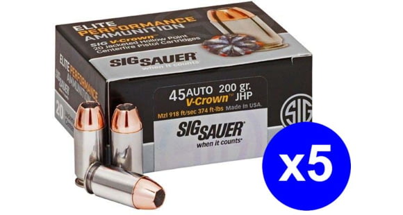 Image of SIG SAUER Elite V-Crown Pistol Ammo, .45 ACP, Jacketed Hollow Point, 200 grain, /Box, Brass