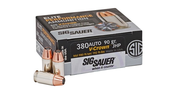 Image of SIG SAUER Elite V-Crown .380 ACP 90 Grain Jacketed Hollow Point Brass Cased Centerfire Pistol Ammo, 20 Rounds, E380A1-20