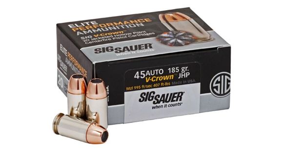 Image of SIG SAUER V-Crown Ammo .45 ACP 185 grain Jacketed Hollow Point Brass Cased Centerfire Pistol Ammo, 20 Rounds, E45AP0-20
