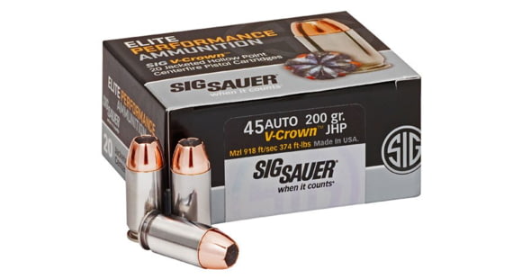 Image of SIG SAUER V-Crown Ammo .45 ACP 200 grain Jacketed Hollow Point Brass Cased Centerfire Pistol Ammo, 50 Rounds, E45AP1-50