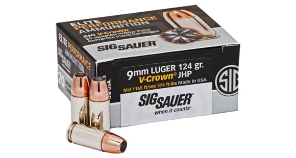 Image of SIG SAUER Elite V-Crown 9mm Luger 124 Grain Jacketed Hollow Point Brass Cased Centerfire Pistol Ammo, 20 Rounds, E9 mmA2-20