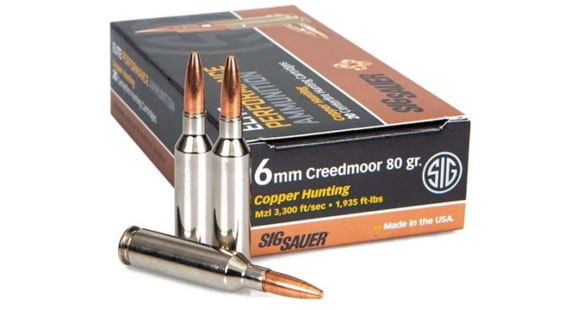 Image of SIG SAUER SIG Hunting Rifle Ammo 6mm Creedmoor 80 grain Hunting Tipped Brass Cased Centerfire Rifle Ammo, 20 Rounds, E6MMCH1-20
