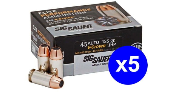 Image of SIG SAUER V-Crown Ammo .45 ACP 185 grain Jacketed Hollow Point Brass Cased Centerfire Pistol Ammo