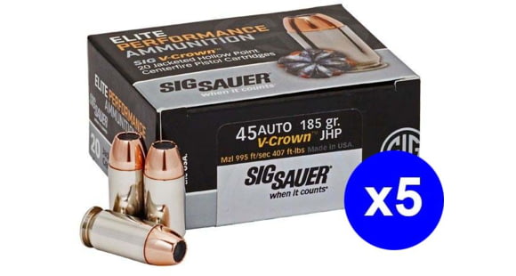 Image of SIG SAUER V-Crown Ammo .45 ACP 185 grain Jacketed Hollow Point Brass Cased Centerfire Pistol Ammo