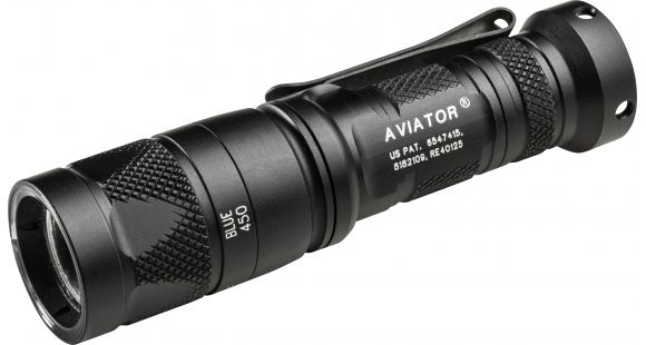 Image of SureFire Aviator, 3 Volt, Dual Output 5/250 Lu White Light, 0.4/4 Lumens, 450Mw Blue Light, Alum Black Type III Ano, Z68 Clickie Switch, Black AVIATOR-BL