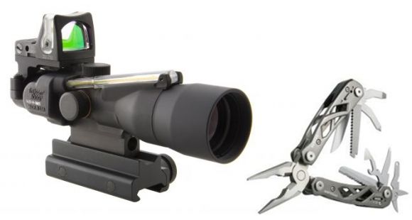 Image of Trijicon ACOG 3x30 Scope, Dual Illuminated Amber Chevron .223 Ballistic Reticle, 9.0 MOA RMR Sight &amp; Gerber Suspension Multi-Plier 1471, BOX