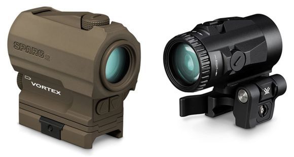 Image of Vortex Sparc AR II 1x 2 MOA Red Dot Sight, Tan with Vortex Micro 3x Magnifier