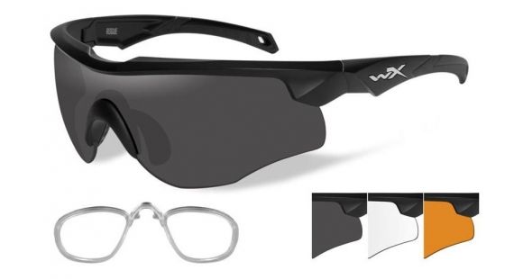 Image of Wiley X WX Rogue Sunglasses - 3 Lens Package, 1 Matte Black Frame w/Smoke Grey,Clear,Light Rust Lens w/ RX Insert, 2802RX