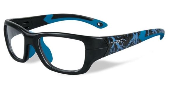 Image of Wiley X Youth Force Flash Sunglasses,Matte Black w/Lightning/Electric Blue,Clear Lens YFFLA04