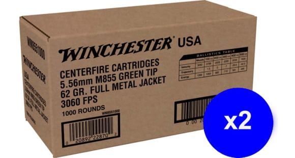 Image of Winchester 5.56x45mm NATO 62 grain Green Tipped Full Metal Jacket Brass Cased Centerfire Rifle Ammo, 2000 Rounds, WM8551000