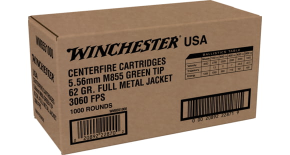 Image of Winchester 5.56x45mm NATO 62 grain Green Tipped Full Metal Jacket Brass Cased Centerfire Rifle Ammo, 1000 Rounds, WM8551000