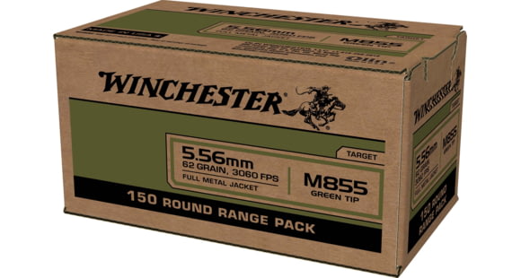 Image of Winchester 5.56x45mm NATO 62 grain Green Tipped Full Metal Jacket Brass Cased Centerfire Rifle Ammo, 150 Rounds, WM855150