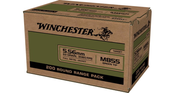 Image of Winchester 5.56x45mm NATO 62 grain Green Tipped Full Metal Jacket Brass Cased Centerfire Rifle Ammo, 200 Rounds, WM855200