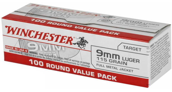 Image of Winchester 9 mm Luger 115 grain Full Metal Jacket Centerfire Pistol Ammo, 100 Rounds, USA9MMVPY