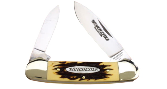 Image of Winchester Knives 3 5/8in, 2 Blade Canoe w/ Spear and Pen Blades w/ Stag Delrin Handle, Box W 40 14012 B