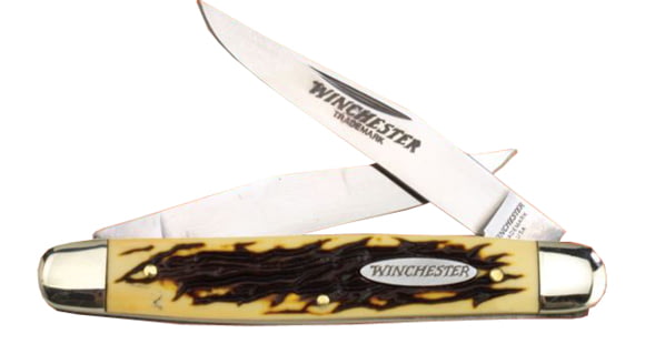 Image of Winchester Knives 3 7/8in, 2 Blade Buckstag Muskrat w/ Two Clip Blades, Stag Delrin Handle, Winchester Oval Stamped Shield, Box W 40 14027 B
