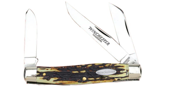 Image of Winchester Knives 4in, 3 Blade Stockman w/ Stag Delrin Handle and Winchester Oval Stamped Shield, Clam Pack W 40 14086 C