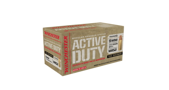 Image of Winchester Active Duty 9 mm Luger 115 Grain MHS Ball M1152 Full Metal Jacket Flat Nose Brass Cased Centerfire Pistol Ammo, 100 Rounds, WIN9MHSC