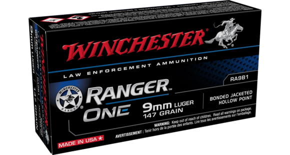 Image of Winchester Ranger ONE 9mm Luger 147 Grain Hex-Vent Bonded JHP Law Enforcement Nickel Plated Brass Cased Pistol Ammo, 50 Rounds, ZRA9B1
