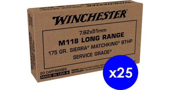Image of Winchester Service Grade 7.62x51mm NATO 175 Grain Long Range Sierra MatchKing Boat Tail Hollow Point Brass Centerfire Rifle Ammo, 500 Rounds