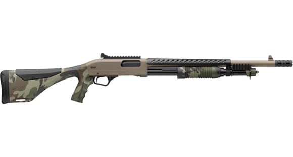 Image of Winchester SXP Defender 3in Field Pump Shotgun, 12 Gauge, 18 inch Barrel, Synthetic FDE/Woodland Stock, Blade Front Sight, FDE, 512460395