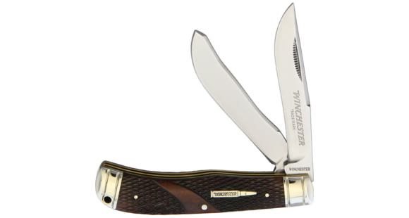 Image of Winchester Trapper Brown Checke Bone Folding Knife, 3.75in Closed, Satin SS Clip/ Spey Blades, Brown Checkered Bone Handle, KB284W / WN2904C
