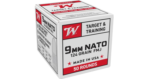 Image of Winchester USA 9mm NATO 124 Grain Full Metal Jacket FMJ Brass Cased Pistol Ammo, 50 Rounds, W9NATO50