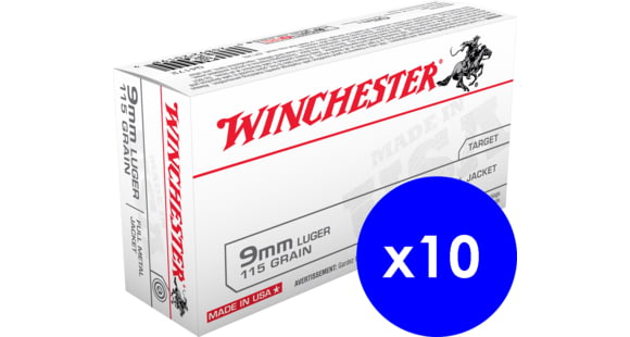 Image of Winchester USA, 9mm Luger, 115 Grain, FMJ, Brass Case, Centerfire Pistol Ammo, 500 Rounds Box, Q4172-KIT5