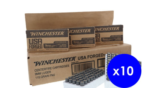 Image of Winchester USA Handgun FORGED, 9 mm Luger, 115 grain, Full Metal Jacket, Steel, Centerfire Pistol Ammo, 500 Rounds, WIN9SV