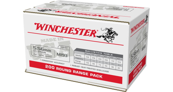 Image of Winchester USA RIFLE, 5.56x45mm NATO, 55 grain, Full Metal Jacket, Brass, Centerfire Rifle Ammo, 200, WM193200