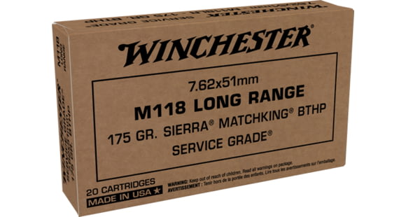 Image of Winchester Service Grade 7.62x51mm NATO 175 Grain Long Range Sierra MatchKing Boat Tail Hollow Point Brass Centerfire Rifle Ammo, 20 Rounds, SGM118LRW