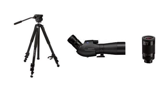 Image of Zeiss Victory FL DiaScope 65T FL angled with Vario 15-56x/20-75x Eyepiece and Carbon Tripod