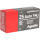 Aguila Ammunition .25 AUTO 50 Grain Full Metal Jacket, Brass Case, Pistol Ammo, 50 Rounds, 1E252110