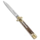 AKC Leverletto 9 Italian Automatic Folding Knife, 4.00in, Stainless Steel, Spear Point Blade, Stag, Brown/White Handle, Brass/Stag, Brown/White/Steel, 9.00 inch, BHQ-50867