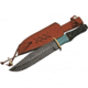 Damascus Bowie Knife, 12.25in Overall, 7.25in Damascus Steel Clip Point Blade, Brass Guard, Horn And Turquoise Handle, Brown Leather Sheath, DM-1149