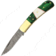 Damascus Lockback Folding Knife, 3in Damascus Steel Drop Point, Brass Bolster, Green Pakkawood And White Bone, DM1169