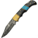 Damascus Lockback Horn/Turquoise Folding Knife, 2.75 Damascus steel clip point blade, Horn and turquoise handle, DM-1215