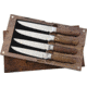 Ferrum Reserve 4pc Steak Set Kitchen Knives, 9in Overall, 5in Satin Steel Blade, Reclaimed Hardwood Handle, Set Of Four Steak Knives, Wooden Gift Box, RSRV-SET-0400