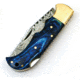 FH Knives Damascus Blue Folding Knife, 3.75in Closed, 2.75in Damascus Steel Clip Point Blade, Blue Pakkawood Handle, Leather Sheath, BLUE-001