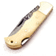 FH Knives Damascus Bone Folding Knife, 3.75in Closed, 2.75in Damascus Steel Clip Point Blade, Natural Smooth Bone Handle, Leather Sheath, BONE-001