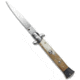 Frank Beltrame 9 Italian Stiletto Automatic Folding Knife, 4.00in, Stainless Steel, Bayonet Blade, Horn, Tan/White Handle, Tan/White/Steel, 9.00 inch, BHQ-50915