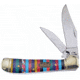 Frost Locking Copperhead Stone Folding Knife, Mirror finish stainless clip and pen blades, Multi-color stone handle, SW-104TQT