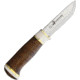 Karesuando Hieno Curly Birch Fixed Blade Knife, 7.63in Overall, 3.25in Mirror 12C27 Sandvik SS Drop Point, Brown Curly Birch And Reindeer Horn Handle, Black Leather Belt Sheath, 4040M