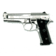 Beretta 92-Steel-I Pistol, 9mm Luger, 4.7 in barrel, nickel plated steel frame, black plastic grip, recoil operated semi-automatic, single-action, frame mounted manual safety, 3-dot, 15 round magazine, BT-92-STL-I-FRRMPG