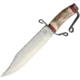 Old Forge Confederate Bowie Fixed Blade Knife, 15.25in Overall, 10.25in Satin SS Clip Point Blade, Stag Bone Handle, Damascus Double D-Guard, Brown Leather Sheath, OF039