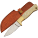 Pakistan Skinner Bone Brass Bolsters Fixed Blade Knife, 8.13in Overall, 3.5in Satin SS Drop Point, White Smooth Bone Handle, Brass Guard, Brown Leather Belt Sheath, White, 203389