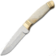 Pakistan Skinner Bone Knife, 8.25in Overall, 4in Satin SS Drop Point, White Smooth Bone Handle, Brass Guard, Brown Leather Sheath, DH-8002