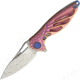 Rike Knife Hummingbird Framelock Folding Knife, 1.63in Damasteel Ds93X Drop Point, Pink Anodized Titanium Handle, Pocket Clip, Thumb Pull, Black Kydex Neck Sheath, MINI PINNK