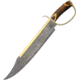 Rough Rider Gold Star Bowie Knife, 19.5in Overall, 14.5in Damascus Steel Clip Point Blade, Brown Bone Handle, Brass D-Guard, Brown Leather Sheath, RR1942